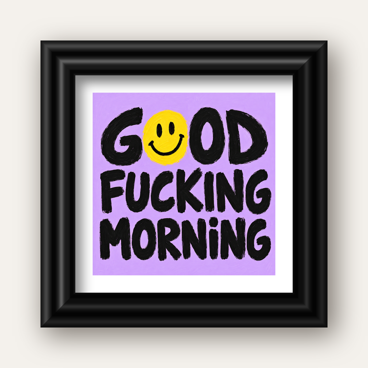Good Fucking Morning Mizahi Poster – Mor & Sarı Dekor Baskı — siyah galeri çerçeveli paspartulu