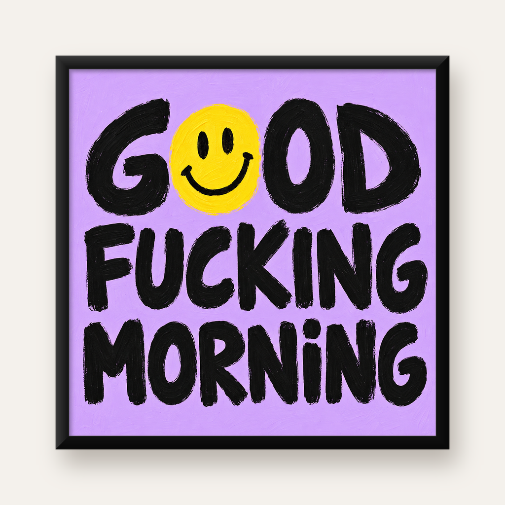 Good Fucking Morning Mizahi Poster – Mor & Sarı Dekor Baskı — Kare baskı, düz siyah çerçeveli duvar posteri
