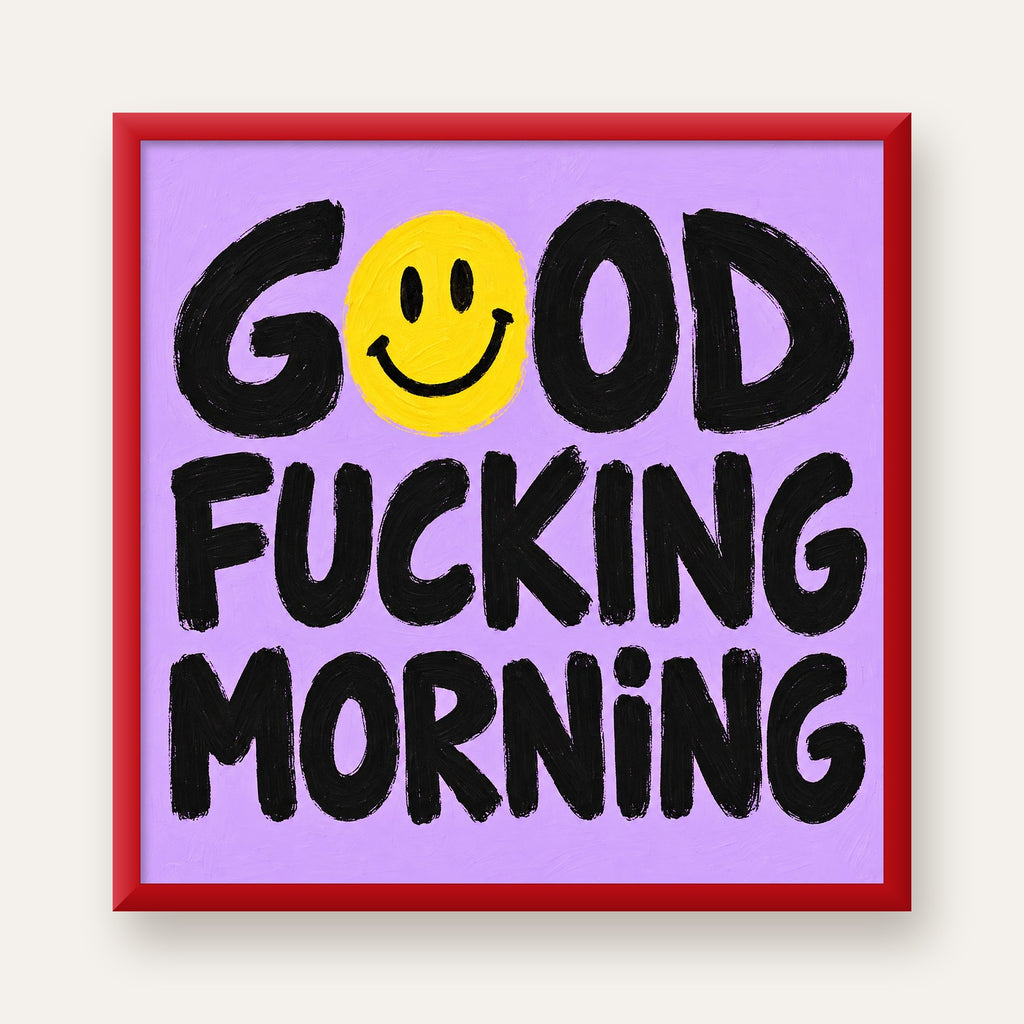 Good Fucking Morning Mizahi Poster – Mor & Sarı Dekor Baskı — kırmızı çerçeveli