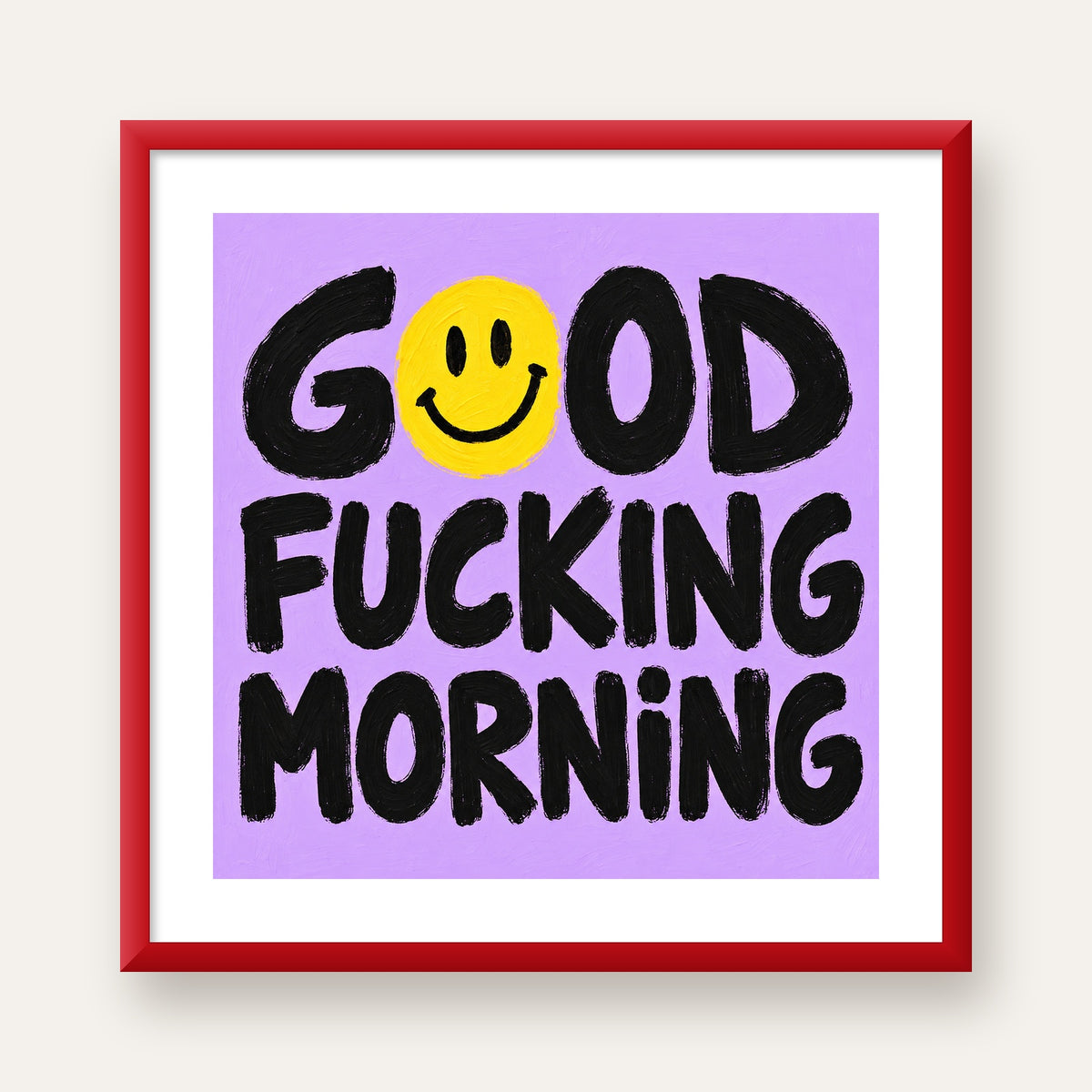 Good Fucking Morning Mizahi Poster – Mor & Sarı Dekor Baskı — kırmızı çerçeveli paspartulu