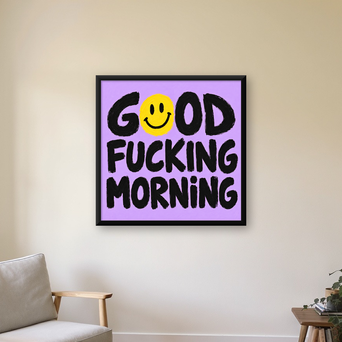 Good Fucking Morning Mizahi Poster – Mor & Sarı Dekor Baskı — Kare baskı, çerçeveli hâliyle bir ev duvarında