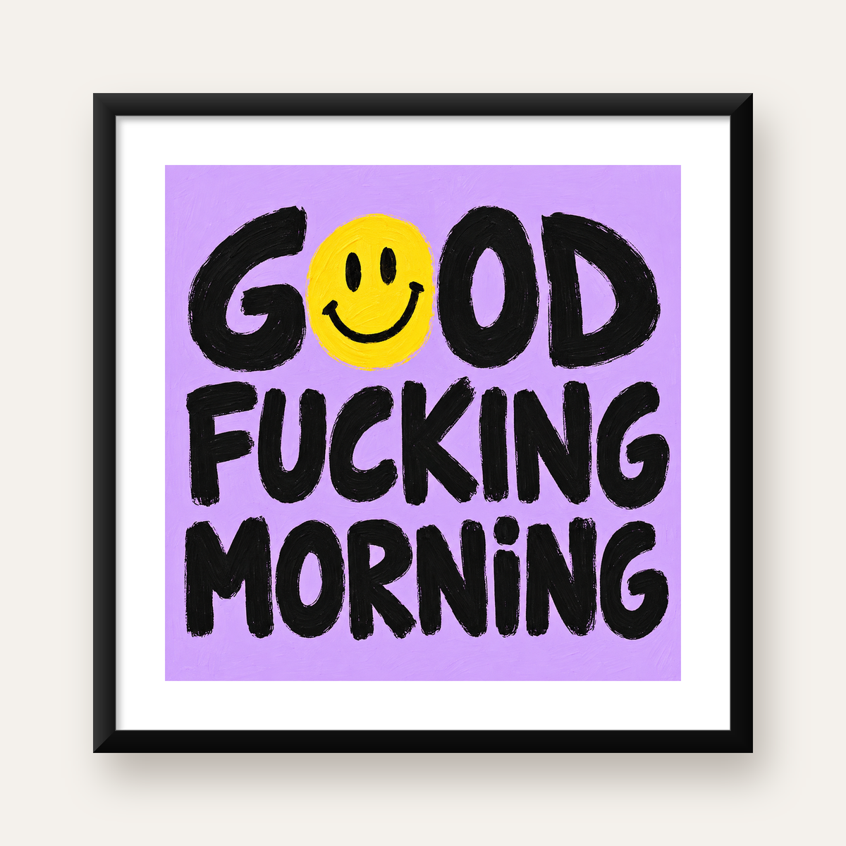 Good Fucking Morning Mizahi Poster – Mor & Sarı Dekor Baskı — Kare baskı, beyaz paspartulu