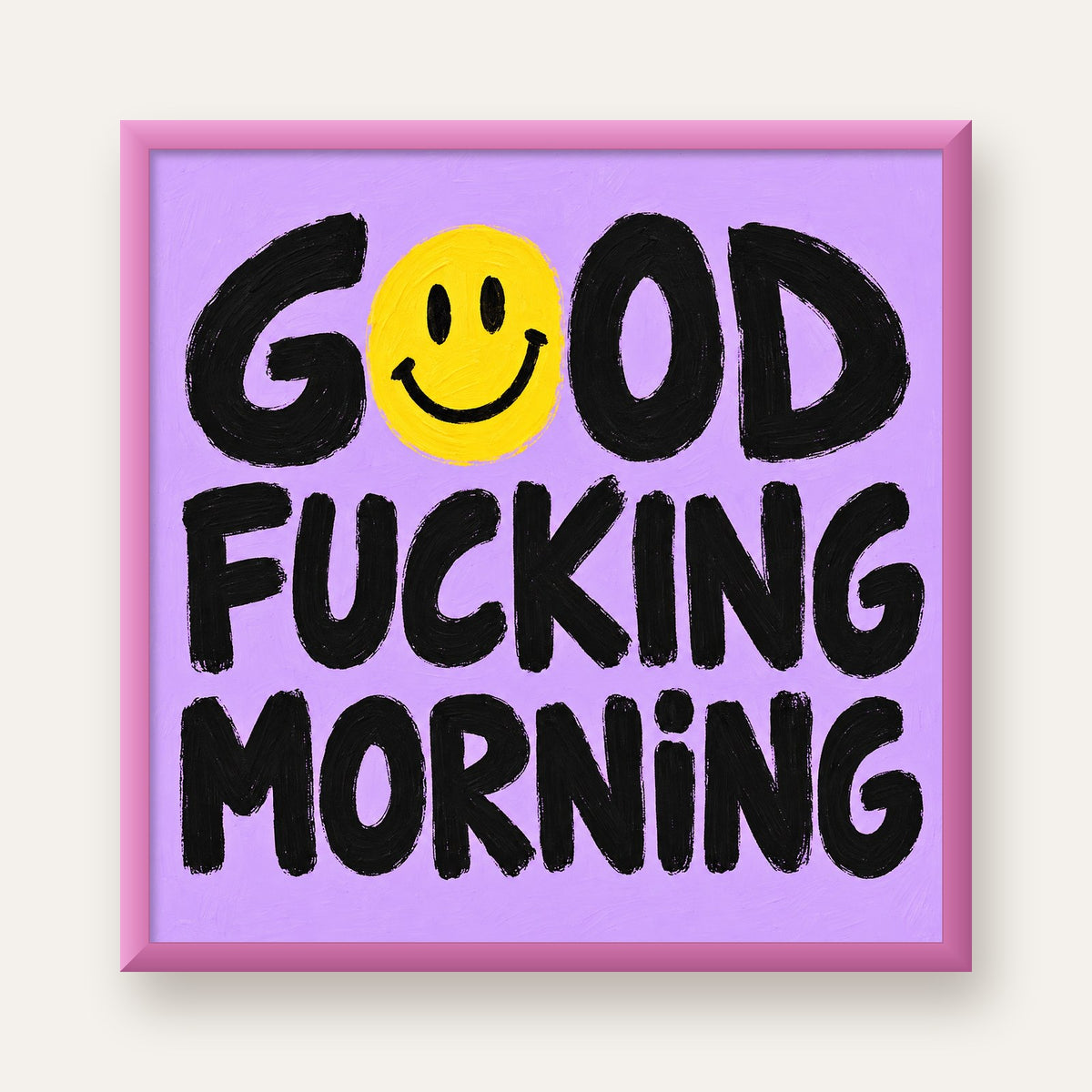 Good Fucking Morning Mizahi Poster – Mor & Sarı Dekor Baskı — pembe çerçeveli