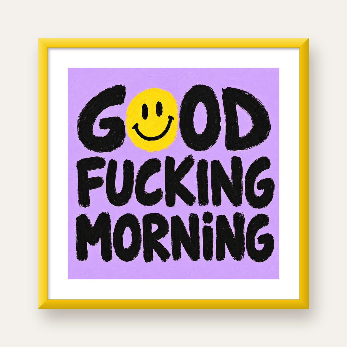 Good Fucking Morning Mizahi Poster – Mor & Sarı Dekor Baskı — sarı çerçeveli paspartulu
