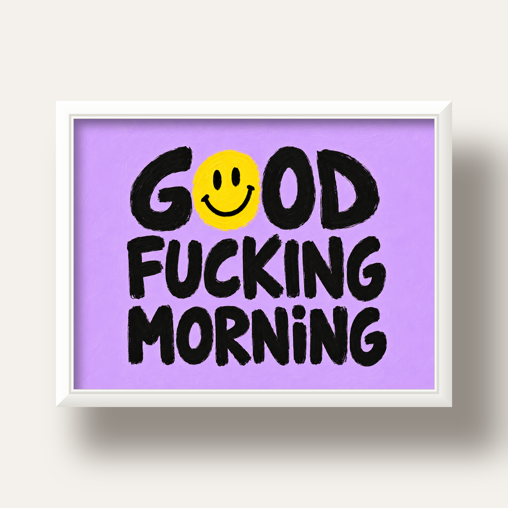 Good Fucking Morning Mizahi Poster – Mor & Sarı Dekor Baskı — beyaz derin çerçeveli