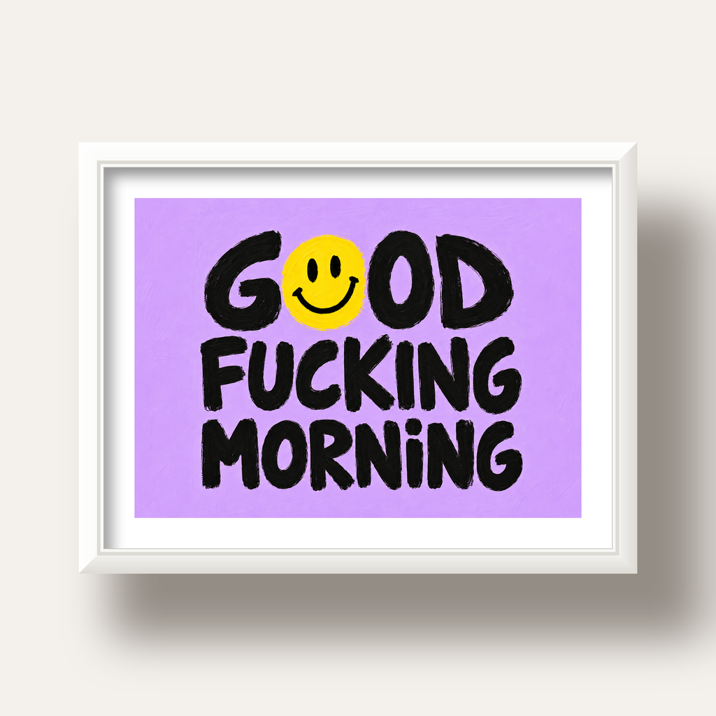 Good Fucking Morning Mizahi Poster – Mor & Sarı Dekor Baskı — beyaz derin çerçeveli paspartulu