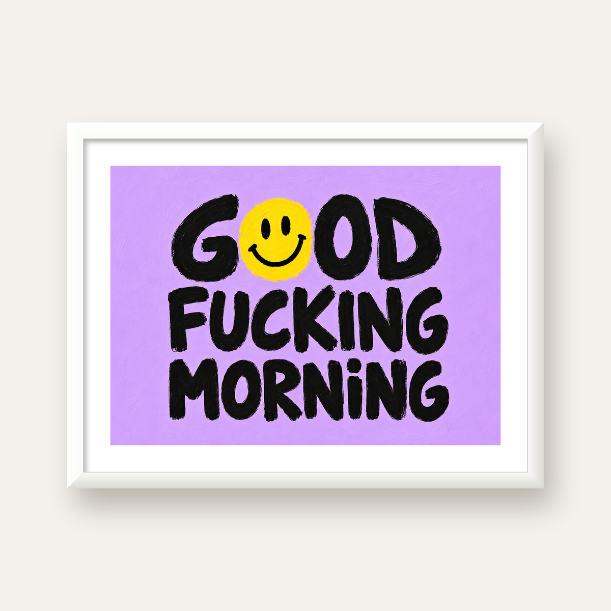 Good Fucking Morning Mizahi Poster – Mor & Sarı Dekor Baskı — beyaz çerçeveli yatay poster