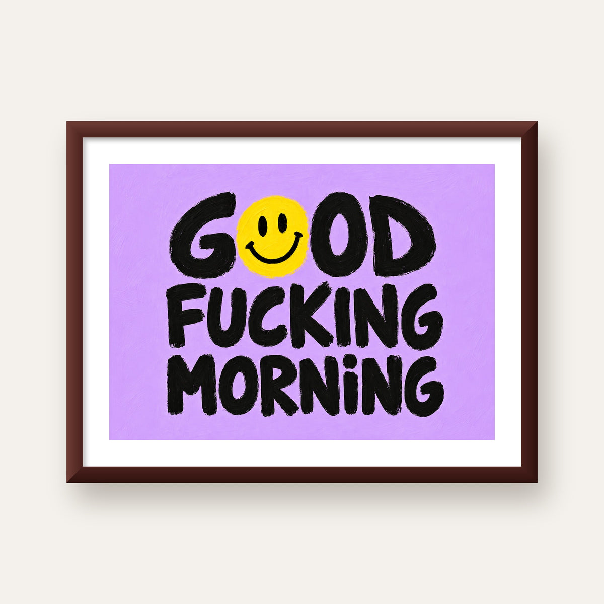 Good Fucking Morning Mizahi Poster – Mor & Sarı Dekor Baskı — ceviz çerçeveli paspartulu