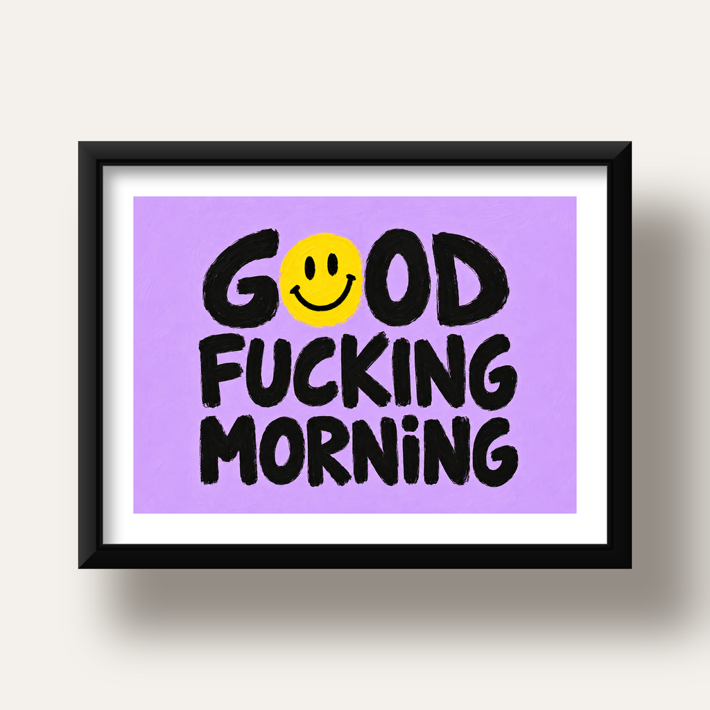 Good Fucking Morning Mizahi Poster – Mor & Sarı Dekor Baskı — siyah derin çerçeveli paspartulu