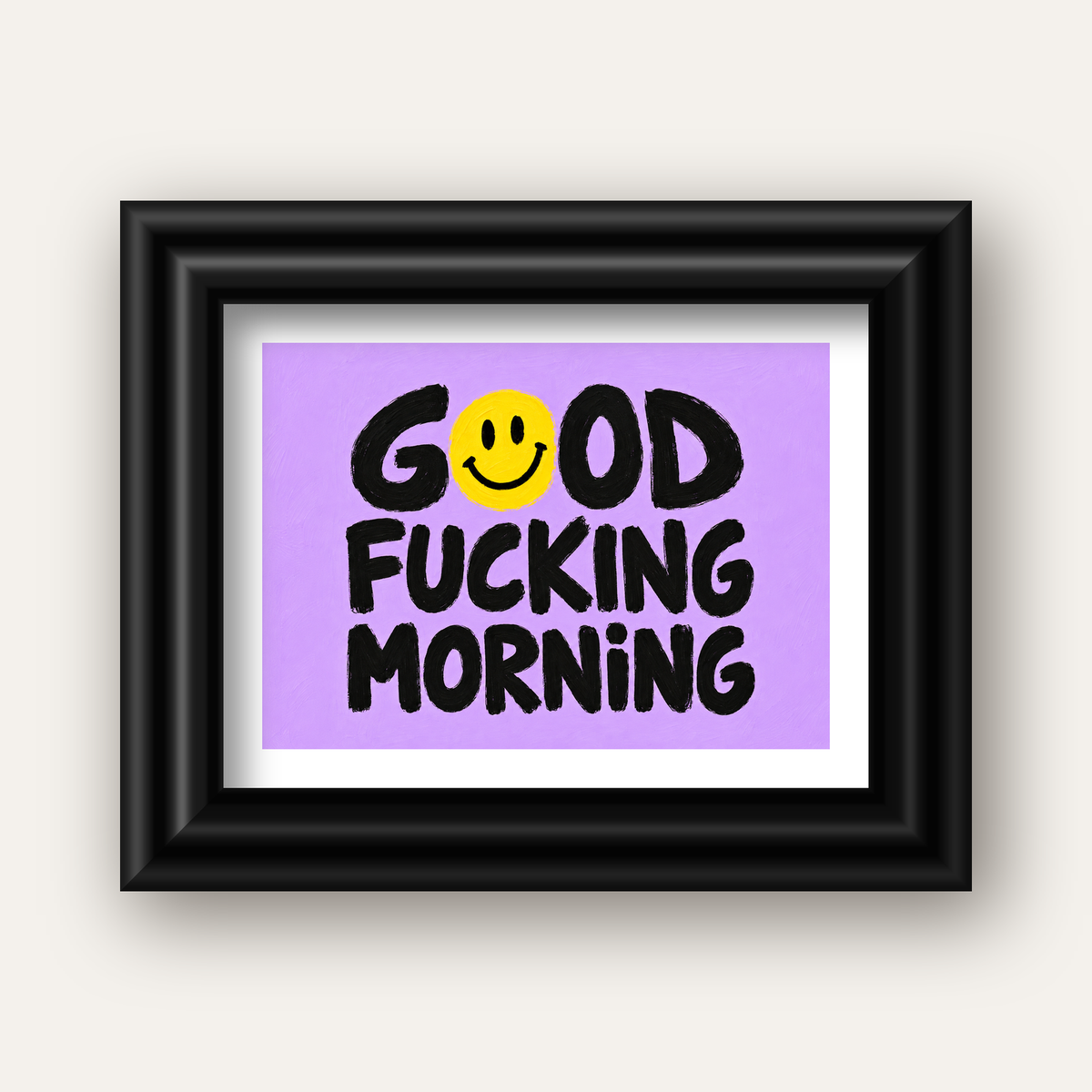 Good Fucking Morning Mizahi Poster – Mor & Sarı Dekor Baskı — siyah galeri çerçeveli paspartulu