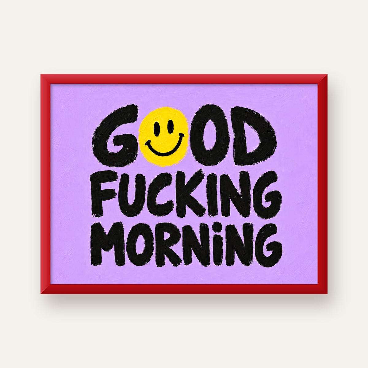 Good Fucking Morning Mizahi Poster – Mor & Sarı Dekor Baskı — kırmızı çerçeveli