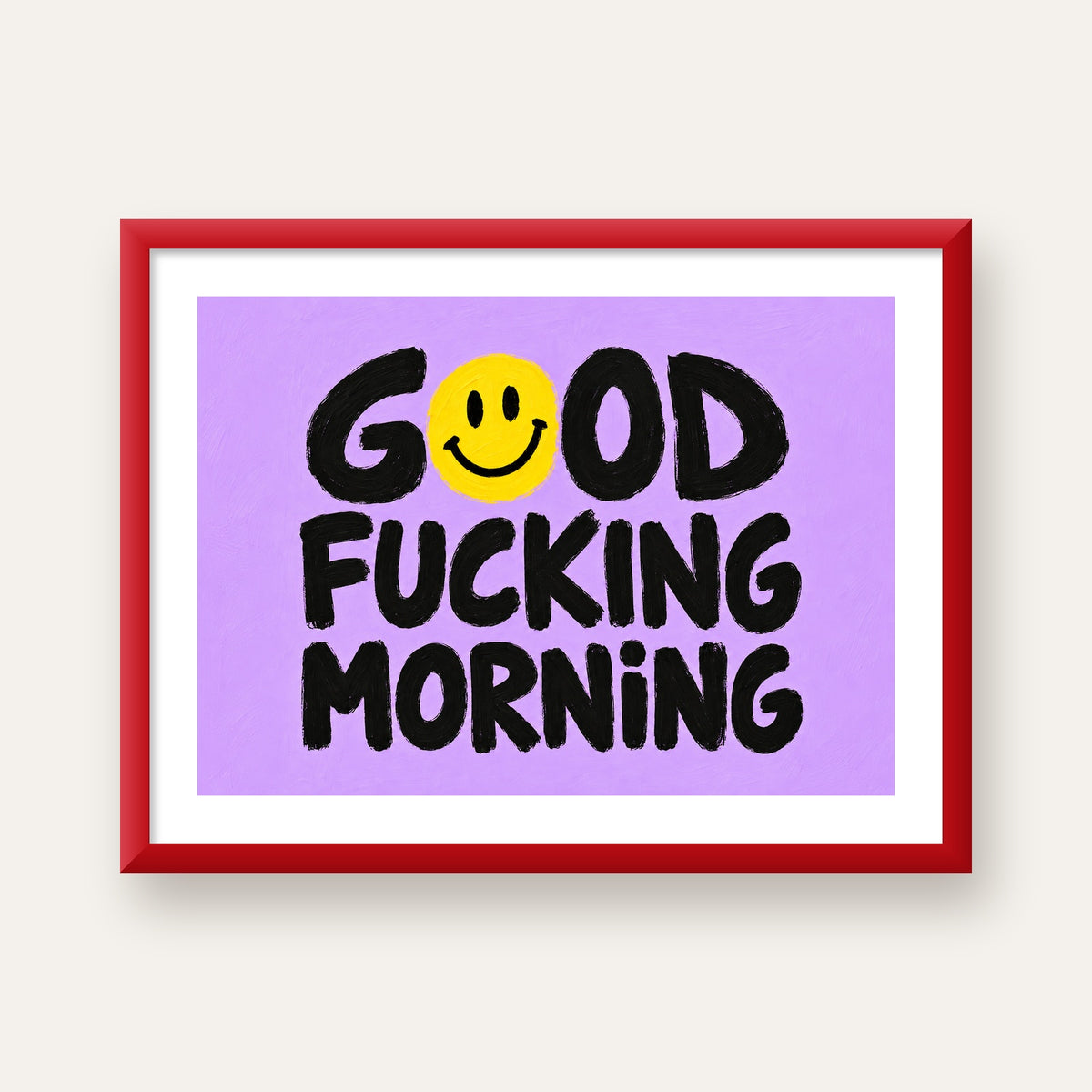 Good Fucking Morning Mizahi Poster – Mor & Sarı Dekor Baskı — kırmızı çerçeveli paspartulu