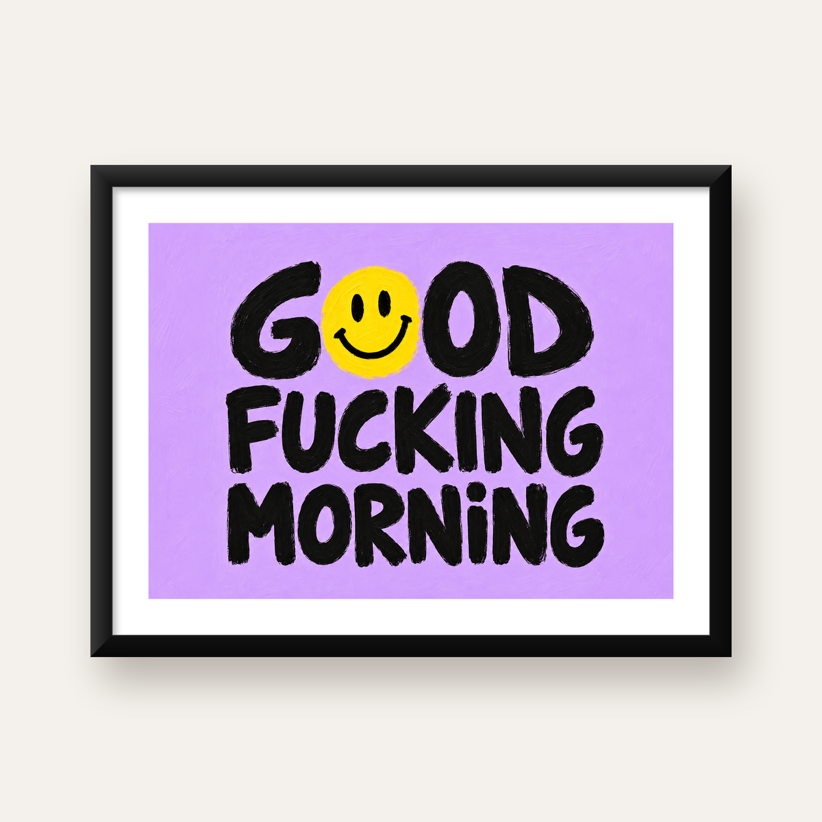 Good Fucking Morning Mizahi Poster – Mor & Sarı Dekor Baskı — Yatay baskı, beyaz paspartulu