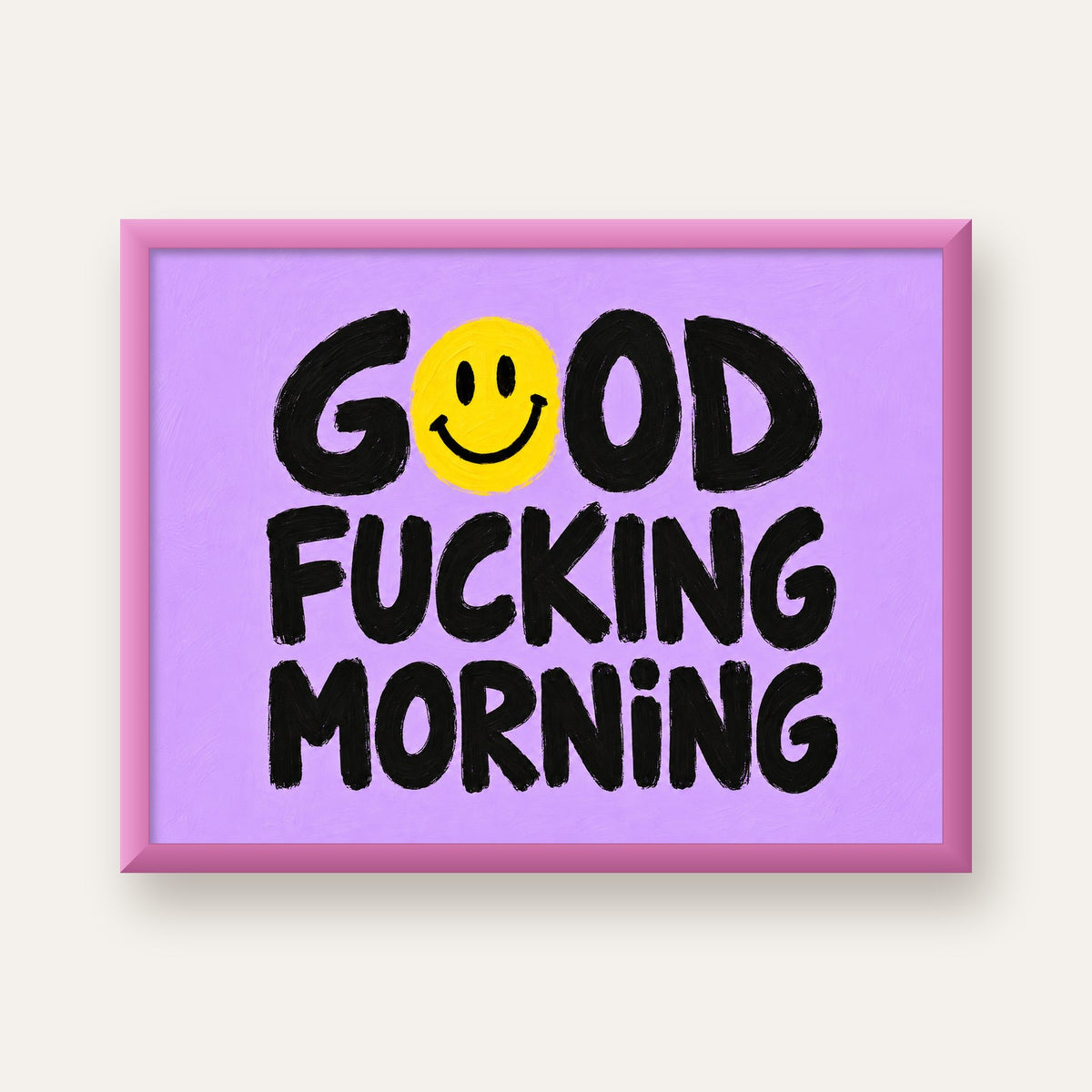 Good Fucking Morning Mizahi Poster – Mor & Sarı Dekor Baskı — pembe çerçeveli