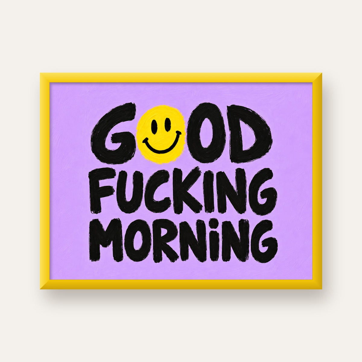 Good Fucking Morning Mizahi Poster – Mor & Sarı Dekor Baskı — sarı çerçeveli