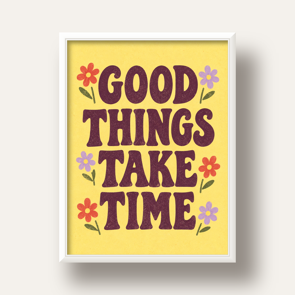 Good Things Take Time Motifli Retro Motivasyon Posteri — beyaz derin çerçeveli