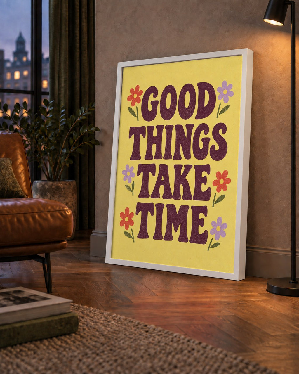 Good Things Take Time Motifli Retro Motivasyon Posteri — çerçeveli hâliyle bir ev duvarında