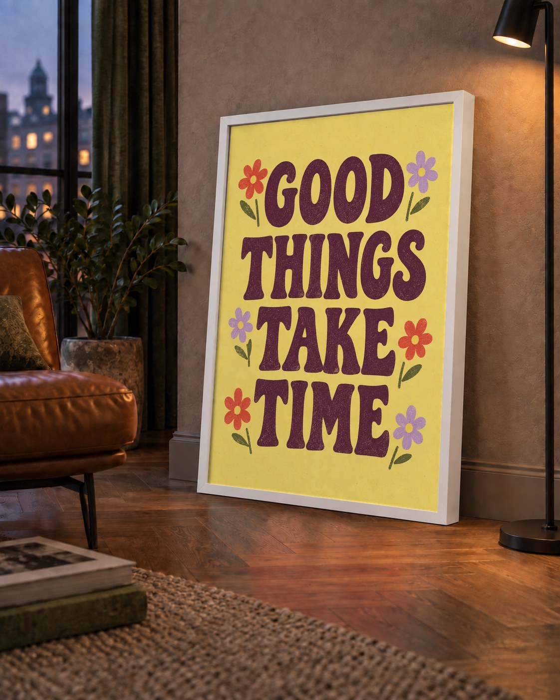 Good Things Take Time Motifli Retro Motivasyon Posteri — çerçeveli hâliyle bir ev duvarında
