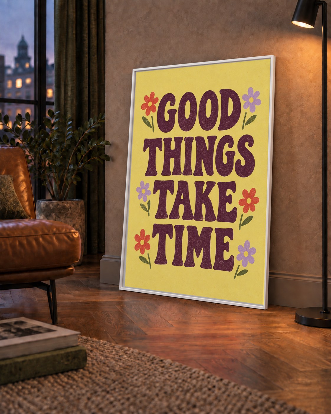 Good Things Take Time Motifli Retro Motivasyon Posteri — çerçeveli hâliyle bir ev duvarında