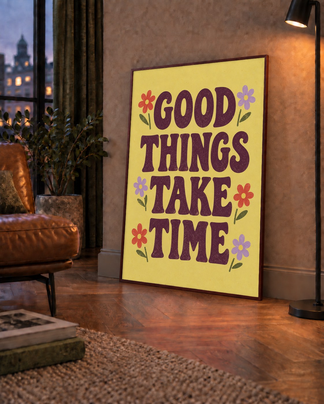 Good Things Take Time Motifli Retro Motivasyon Posteri — çerçeveli hâliyle bir ev duvarında