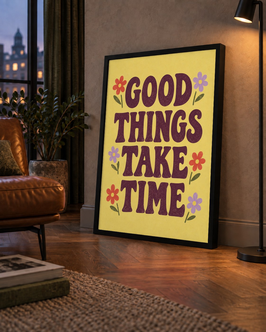 Good Things Take Time Motifli Retro Motivasyon Posteri — çerçeveli hâliyle bir ev duvarında
