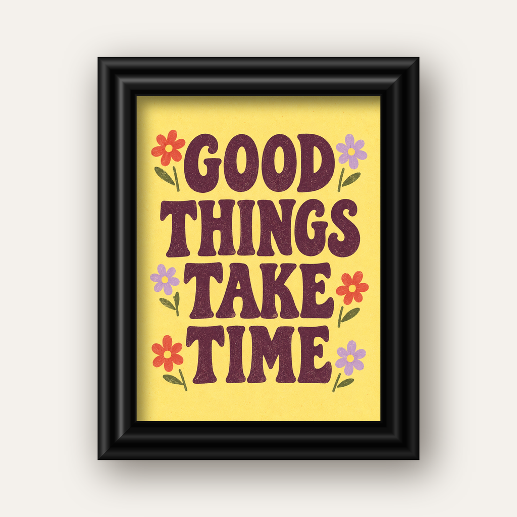 Good Things Take Time Motifli Retro Motivasyon Posteri — siyah galeri çerçeveli