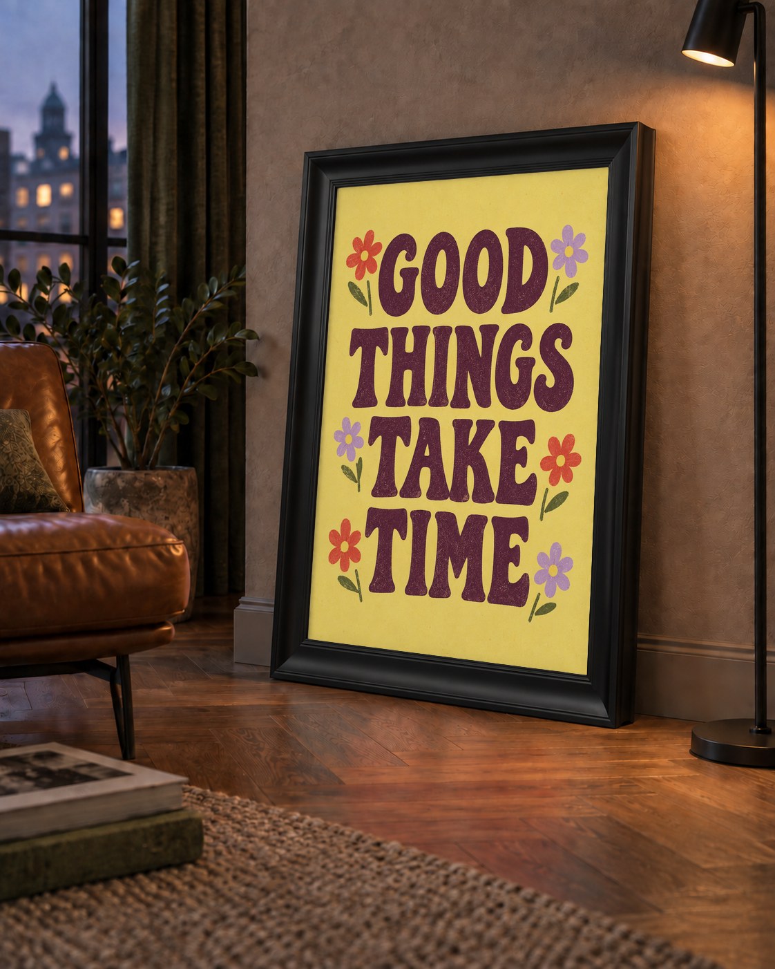 Good Things Take Time Motifli Retro Motivasyon Posteri — çerçeveli hâliyle bir ev duvarında
