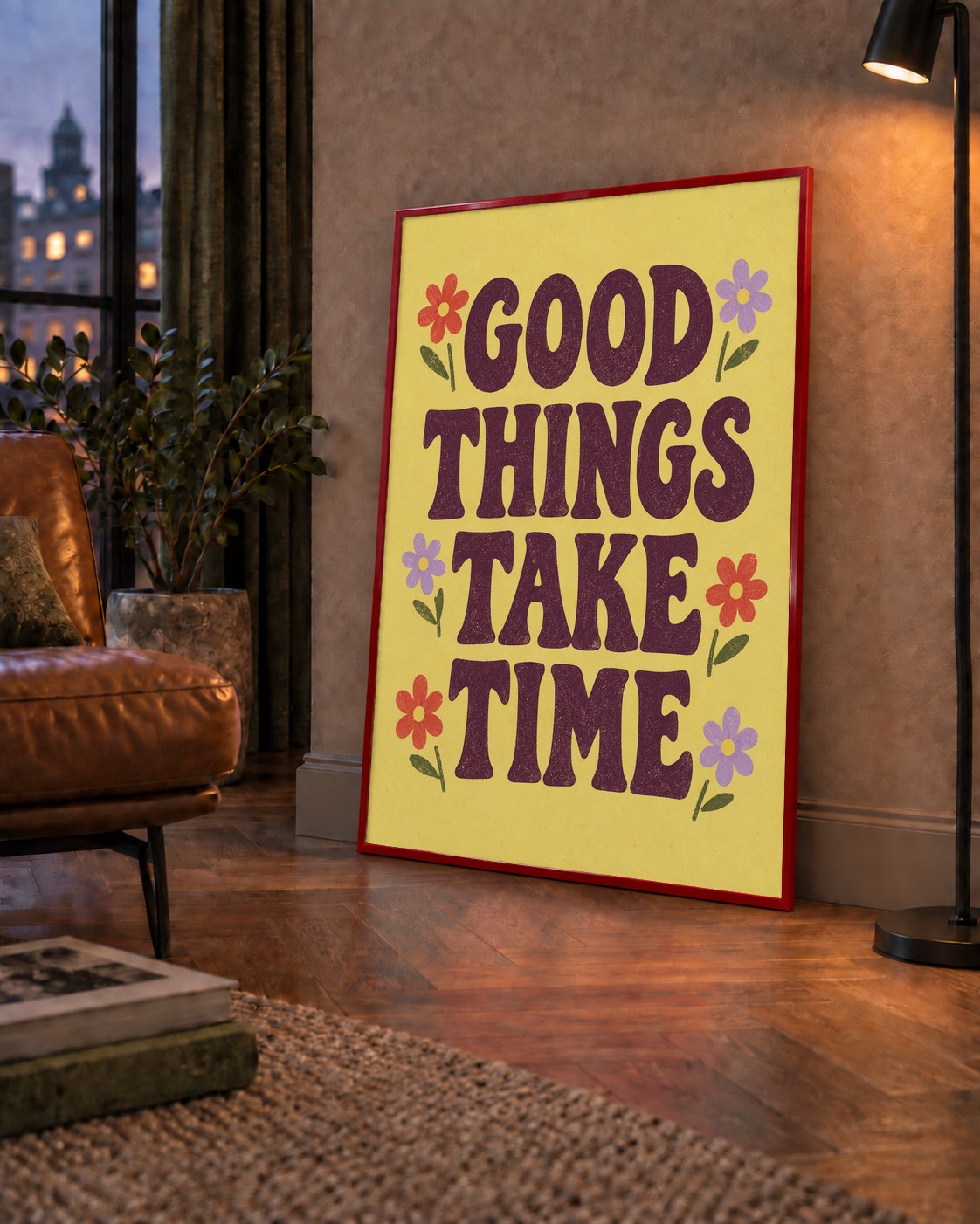 Good Things Take Time Motifli Retro Motivasyon Posteri — çerçeveli hâliyle bir ev duvarında