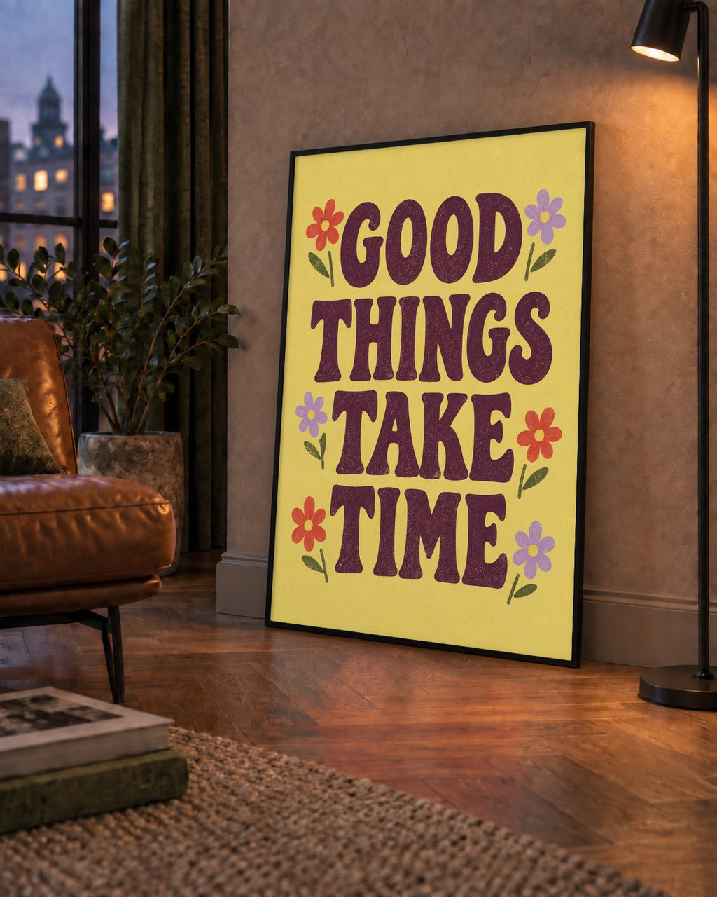 Good Things Take Time Motifli Retro Motivasyon Posteri — çerçeveli hâliyle bir ev duvarında