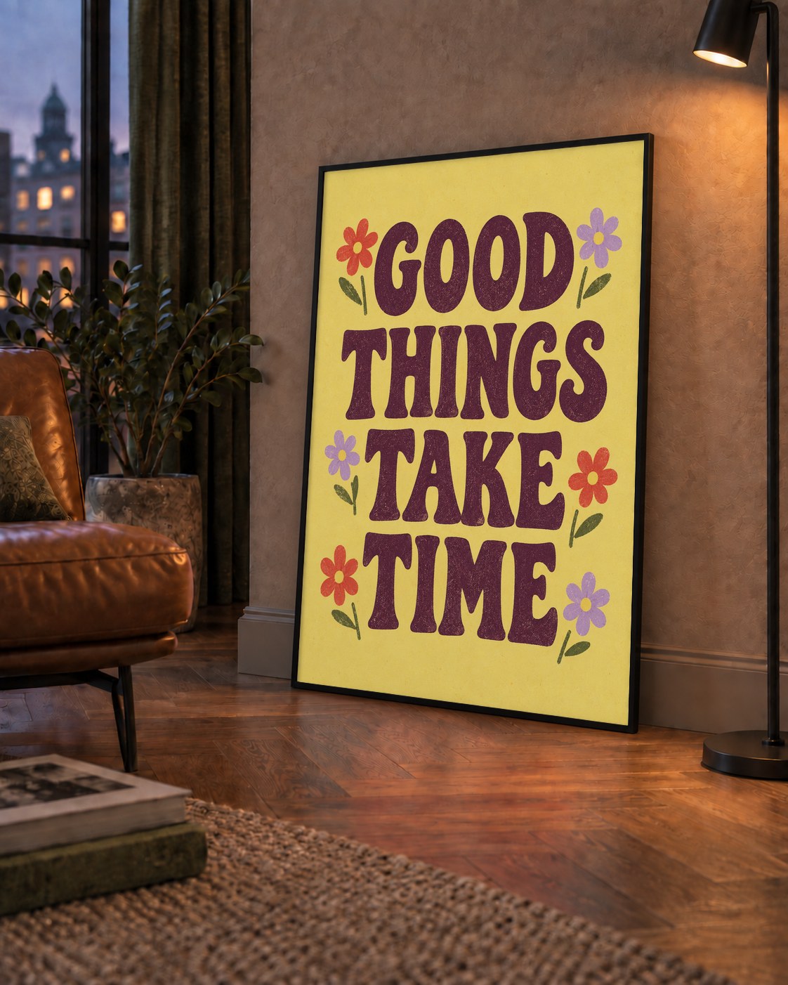 Good Things Take Time Motifli Retro Motivasyon Posteri — çerçeveli hâliyle bir ev duvarında