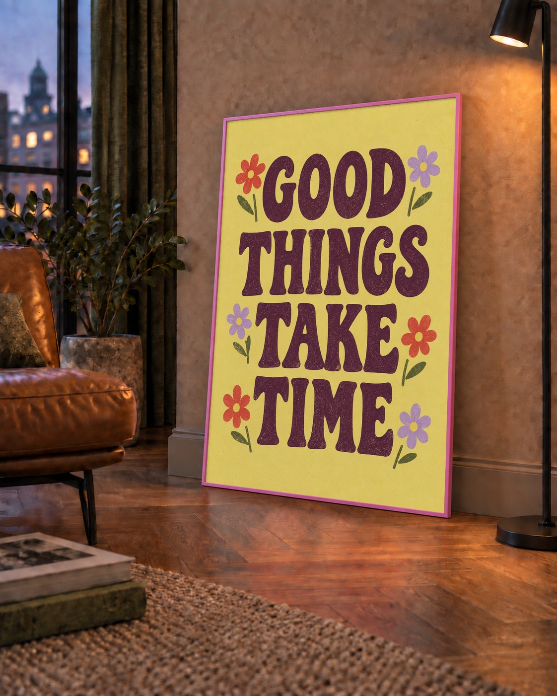 Good Things Take Time Motifli Retro Motivasyon Posteri — çerçeveli hâliyle bir ev duvarında