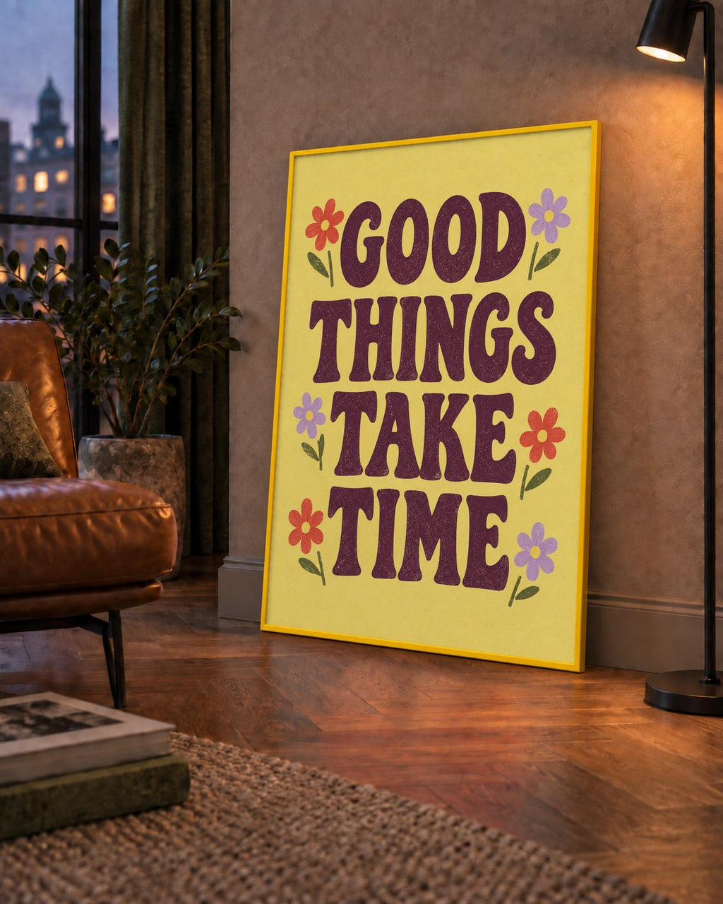 Good Things Take Time Motifli Retro Motivasyon Posteri — çerçeveli hâliyle bir ev duvarında
