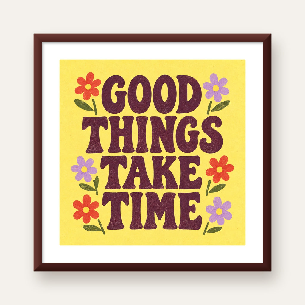 Good Things Take Time Motifli Retro Motivasyon Posteri — ceviz çerçeveli paspartulu