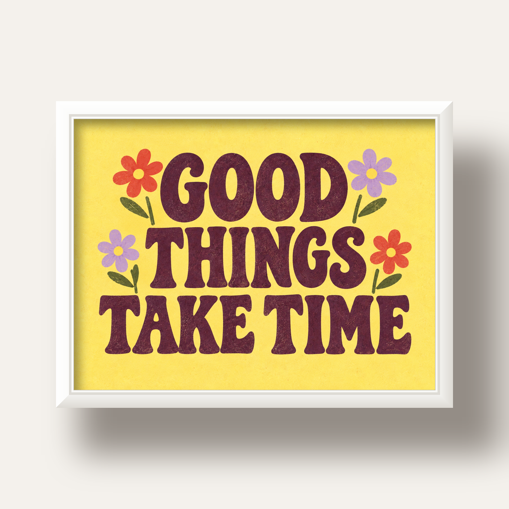 Good Things Take Time Motifli Retro Motivasyon Posteri — beyaz derin çerçeveli