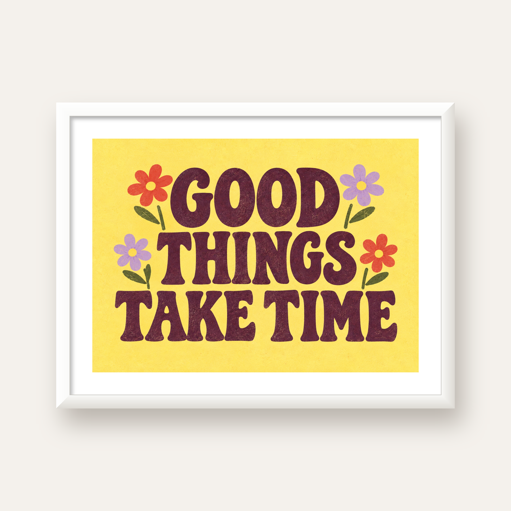 Good Things Take Time Motifli Retro Motivasyon Posteri — beyaz çerçeveli yatay poster