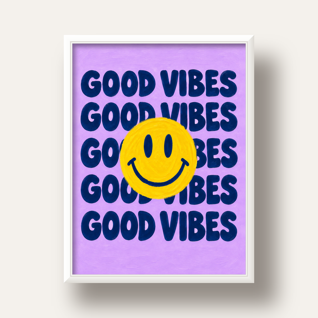 Good Vibes & Smiley Poster – Renkli Modern Duvar Dekoru — beyaz derin çerçeveli
