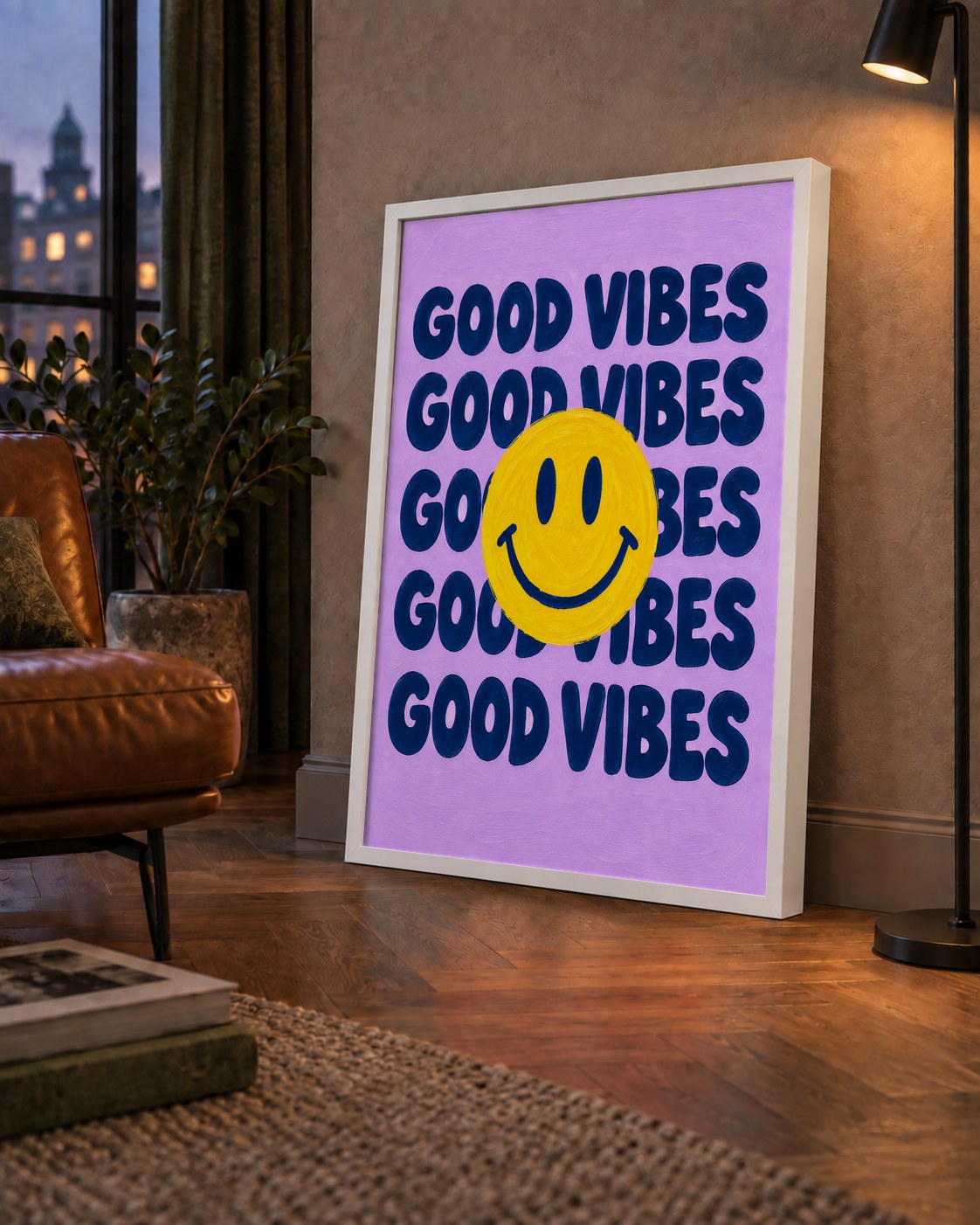 Good Vibes & Smiley Poster – Renkli Modern Duvar Dekoru — çerçeveli hâliyle bir ev duvarında
