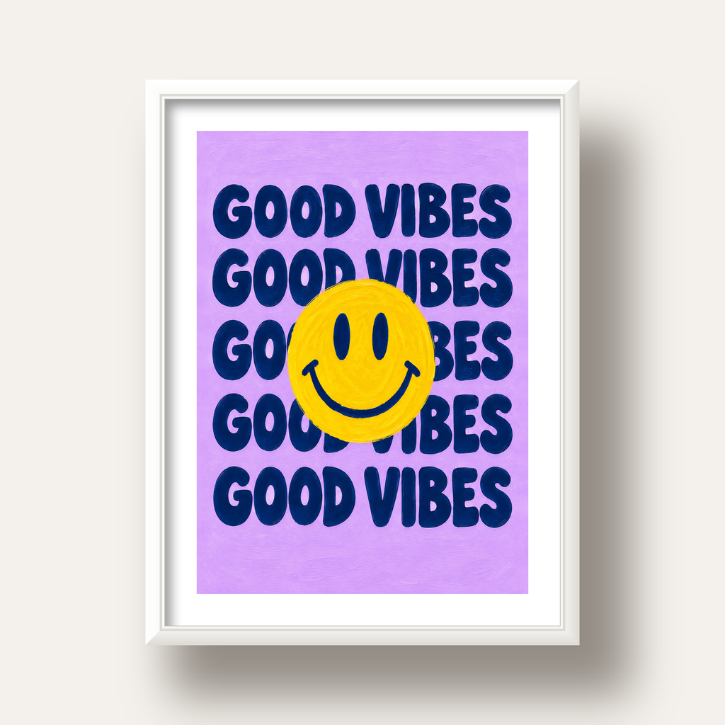 Good Vibes & Smiley Poster – Renkli Modern Duvar Dekoru — beyaz derin çerçeveli paspartulu