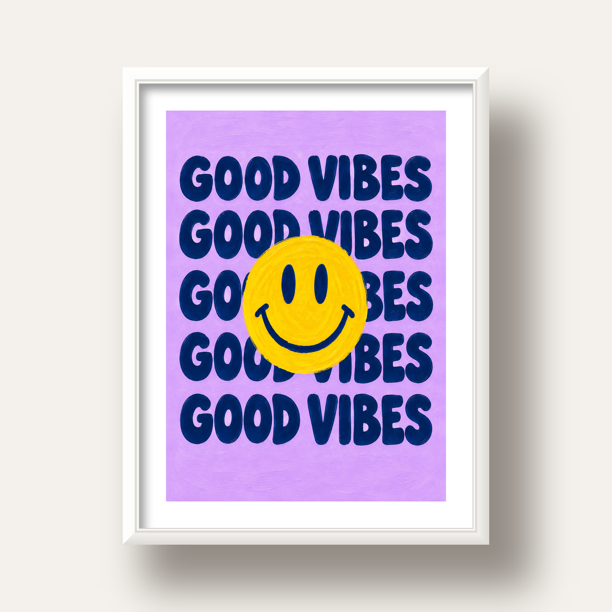 Good Vibes & Smiley Poster – Renkli Modern Duvar Dekoru — beyaz derin çerçeveli paspartulu