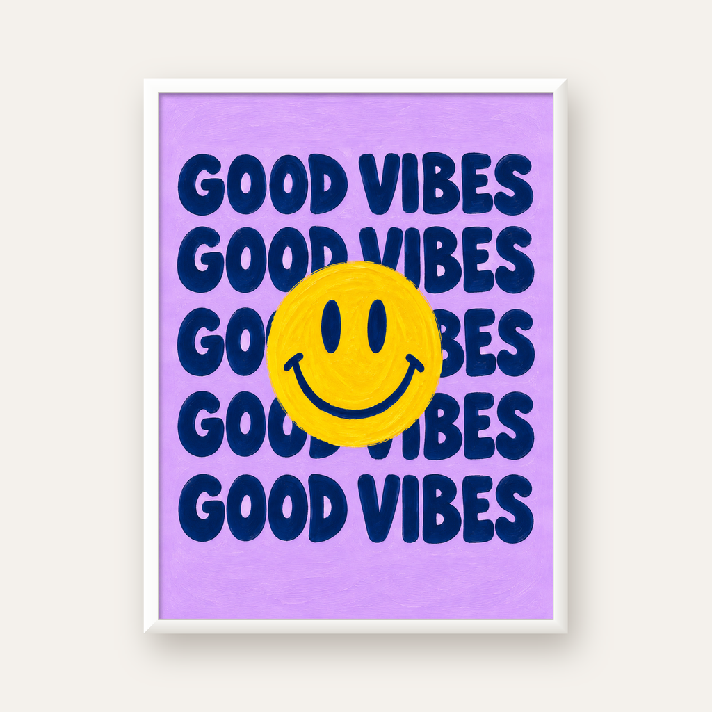 Good Vibes & Smiley Poster – Renkli Modern Duvar Dekoru — beyaz çerçeveli dikey poster