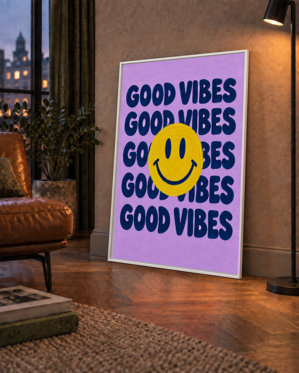 Good Vibes & Smiley Poster – Renkli Modern Duvar Dekoru — çerçeveli hâliyle bir ev duvarında