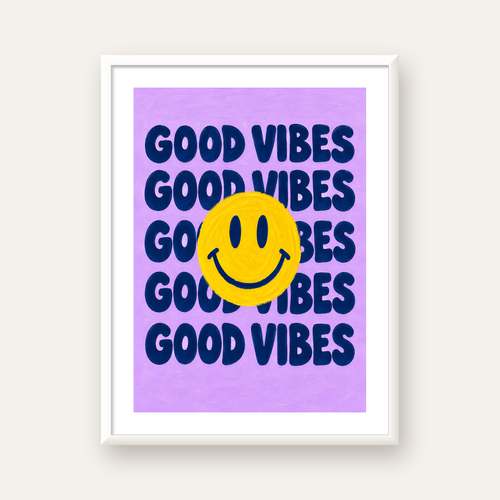 Good Vibes & Smiley Poster – Renkli Modern Duvar Dekoru — beyaz çerçeveli dikey poster