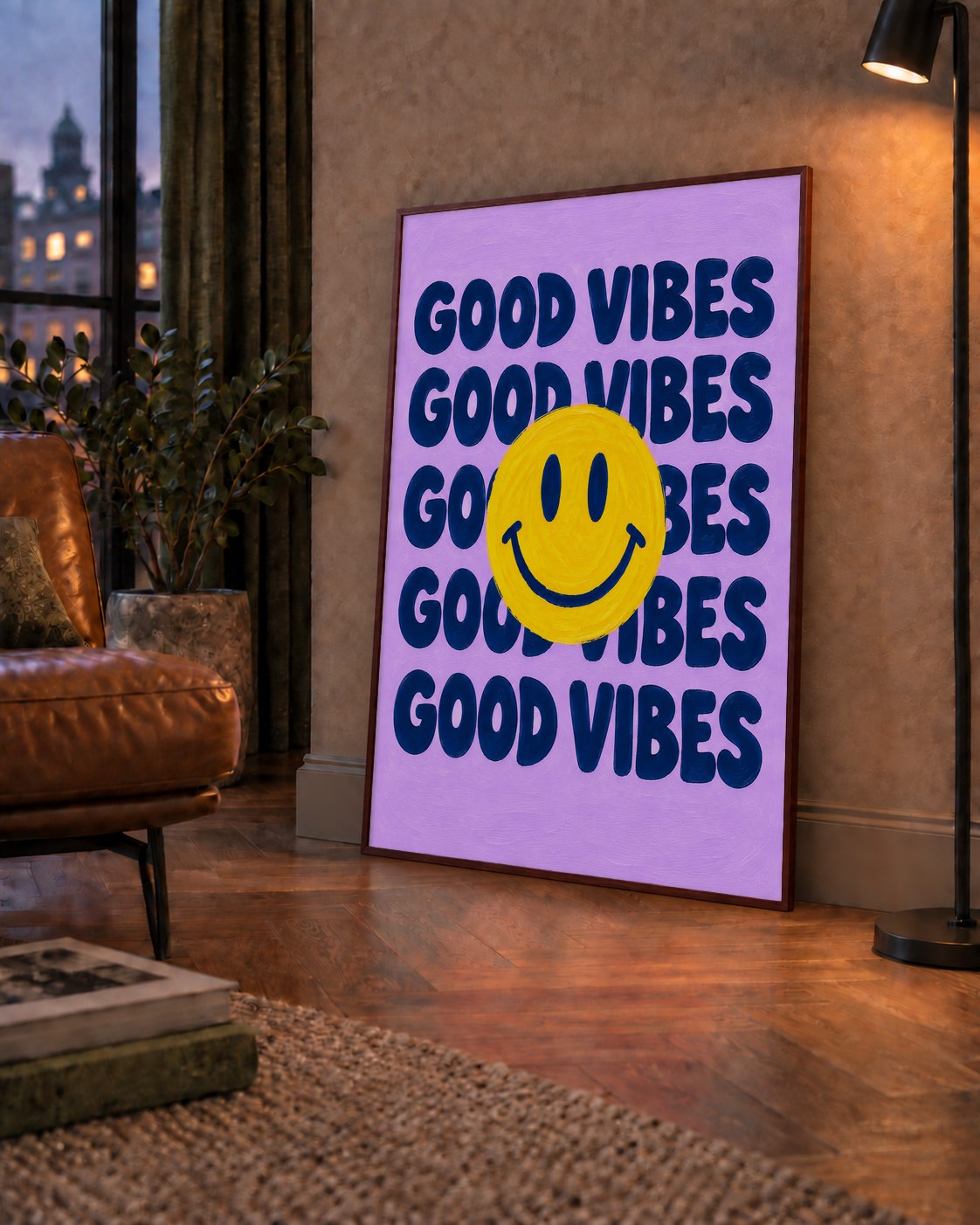Good Vibes & Smiley Poster – Renkli Modern Duvar Dekoru — çerçeveli hâliyle bir ev duvarında