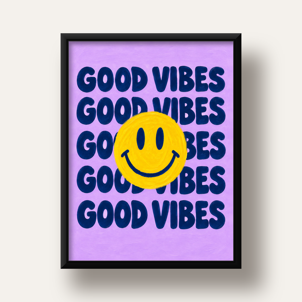 Good Vibes & Smiley Poster – Renkli Modern Duvar Dekoru — siyah derin çerçeveli