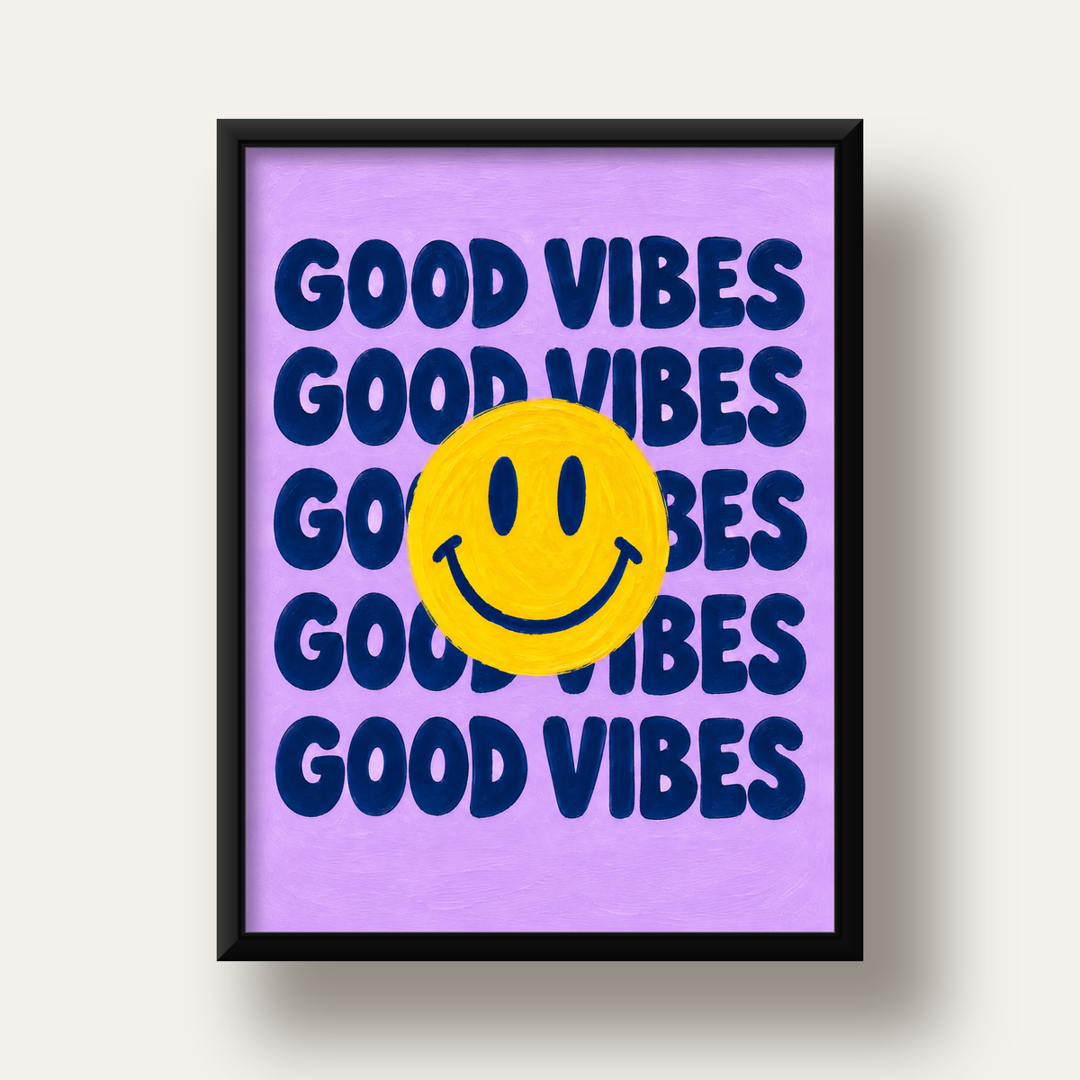 Good Vibes & Smiley Poster – Renkli Modern Duvar Dekoru — siyah derin çerçeveli