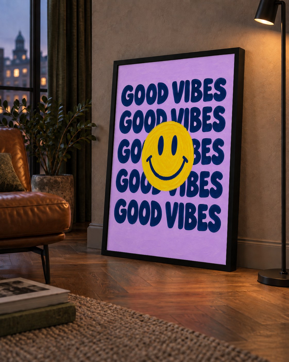 Good Vibes & Smiley Poster – Renkli Modern Duvar Dekoru — çerçeveli hâliyle bir ev duvarında
