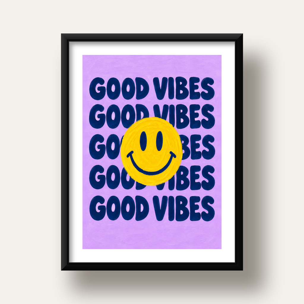 Good Vibes & Smiley Poster – Renkli Modern Duvar Dekoru — siyah derin çerçeveli paspartulu