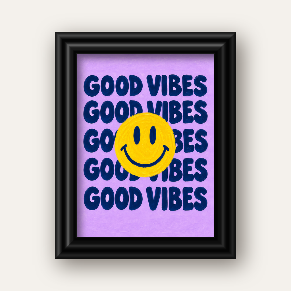 Good Vibes & Smiley Poster – Renkli Modern Duvar Dekoru — siyah galeri çerçeveli