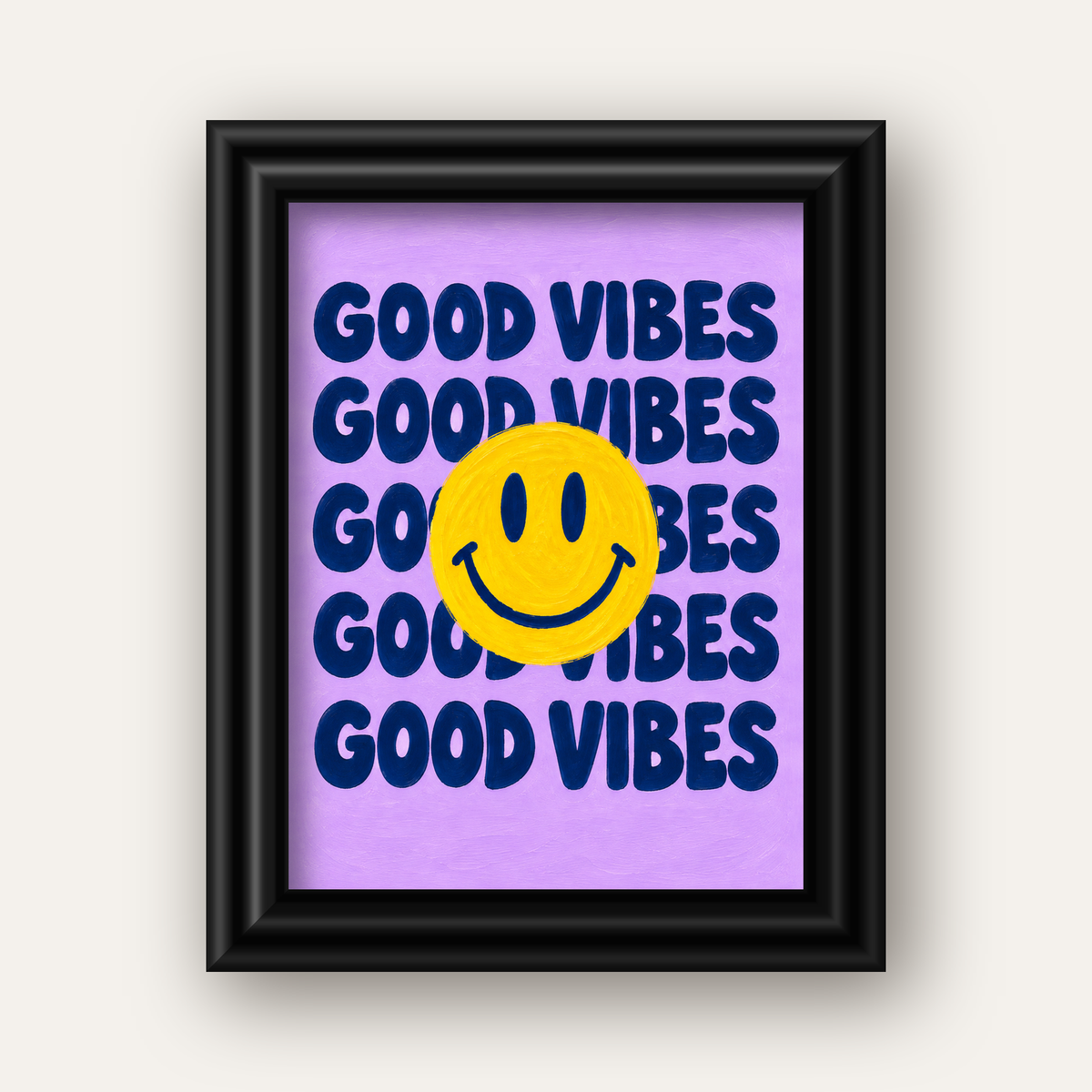 Good Vibes & Smiley Poster – Renkli Modern Duvar Dekoru — siyah galeri çerçeveli