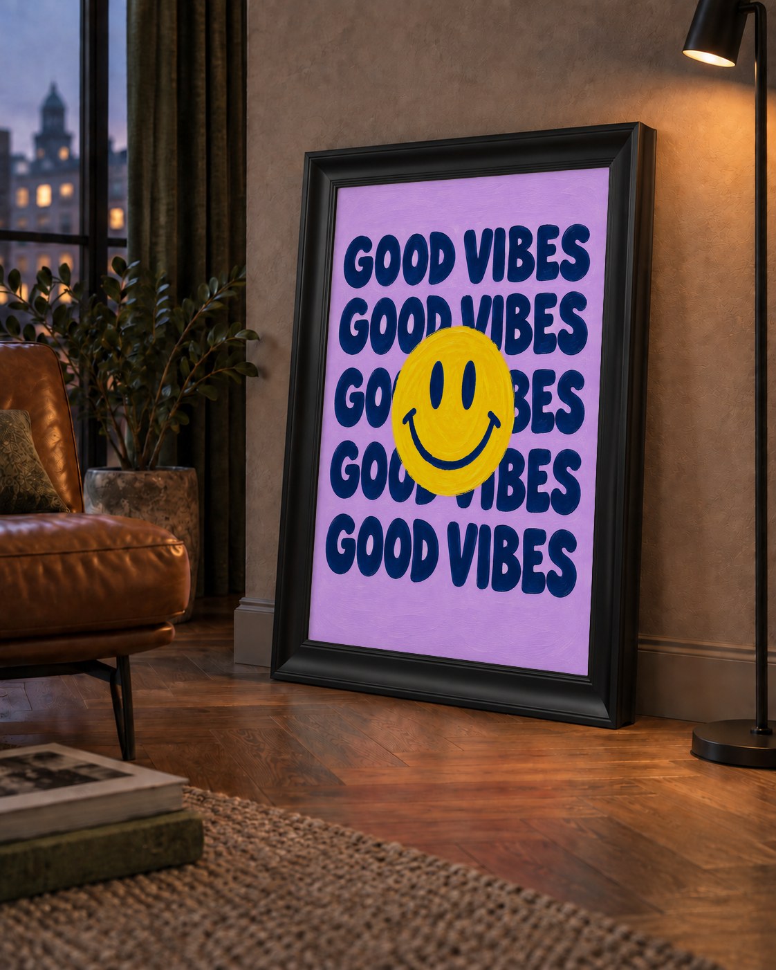 Good Vibes & Smiley Poster – Renkli Modern Duvar Dekoru — çerçeveli hâliyle bir ev duvarında